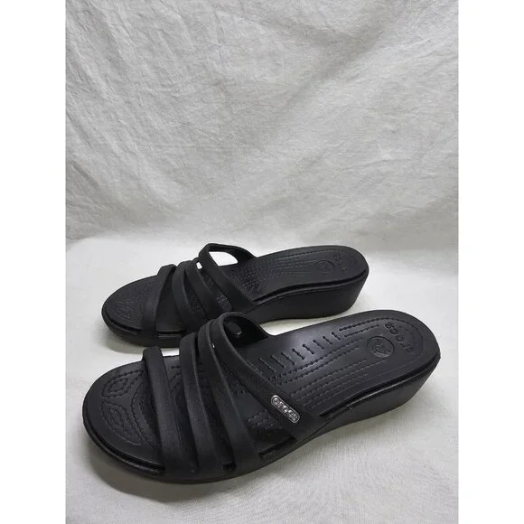 Crocs Rhonda Wedge Sandals Slip-On Strappy Slides Open Toe Black Women's Size 8 - Picture 10 of 10